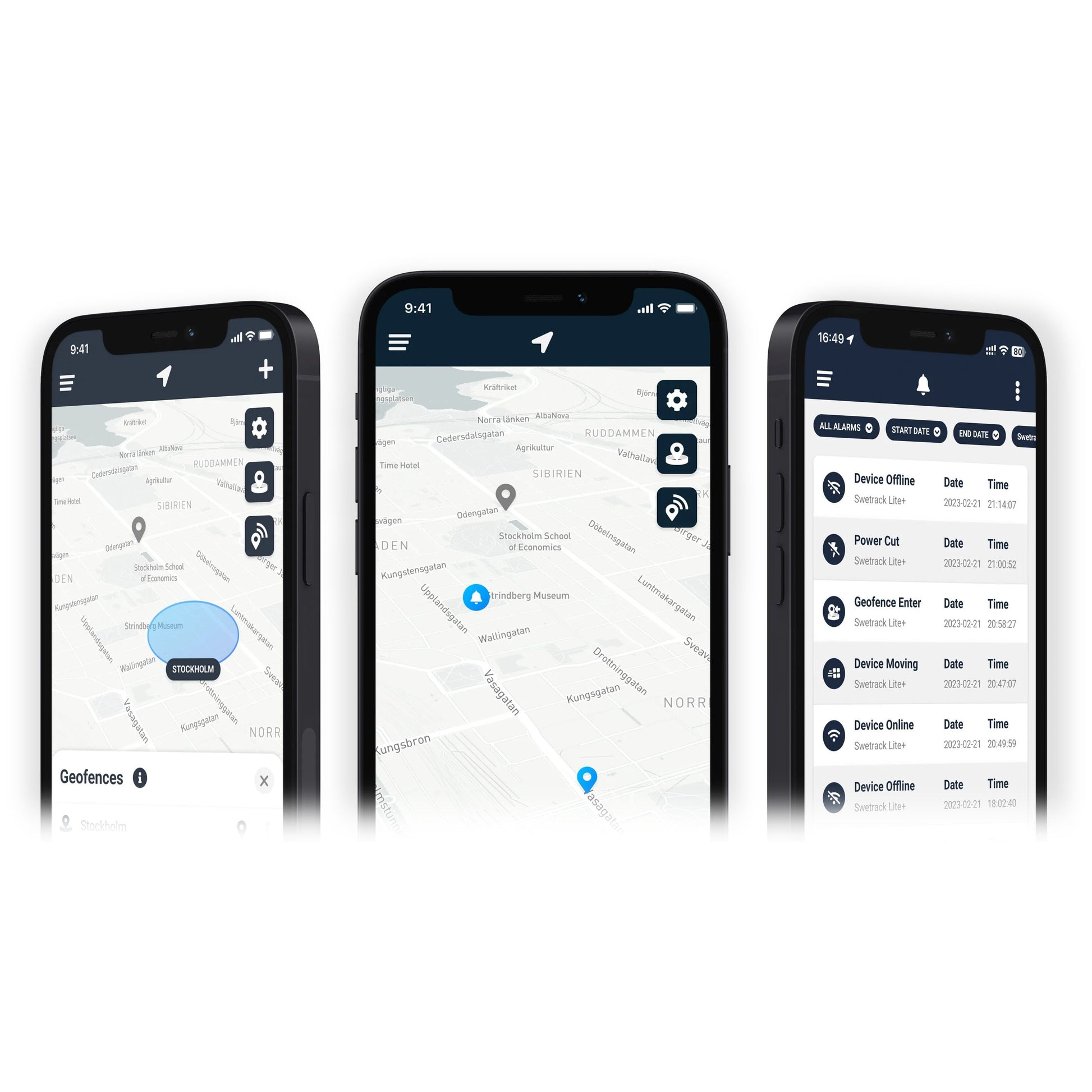 Tre smartphones med Maxi+ Tracker-app, to viser kort med geofences/markører, én viser realtidssporing og batterialarm.