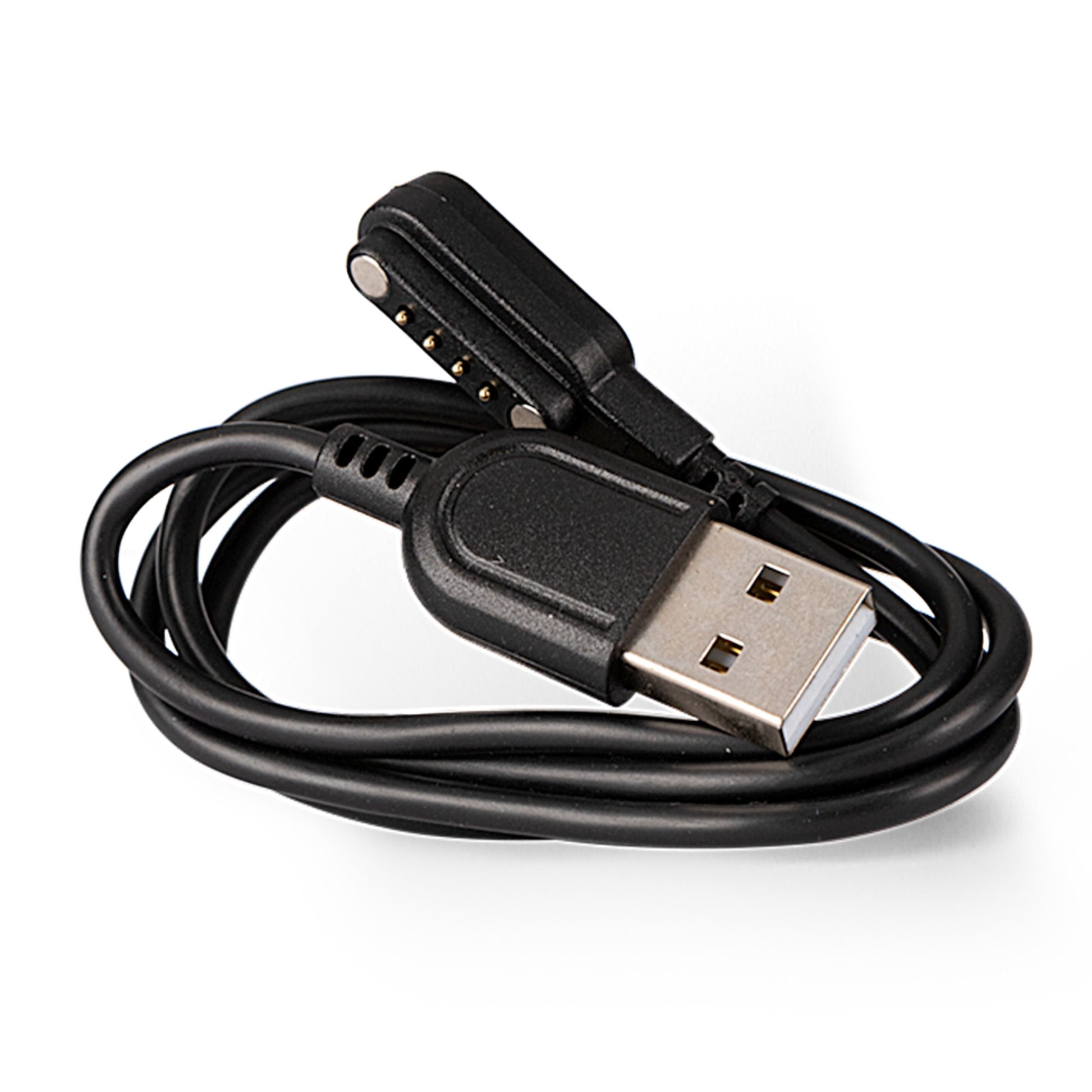 Swetrack opladningskabel til Maxi GPS-tracker, sort spiral, USB-A til 4-pin magnetstik.