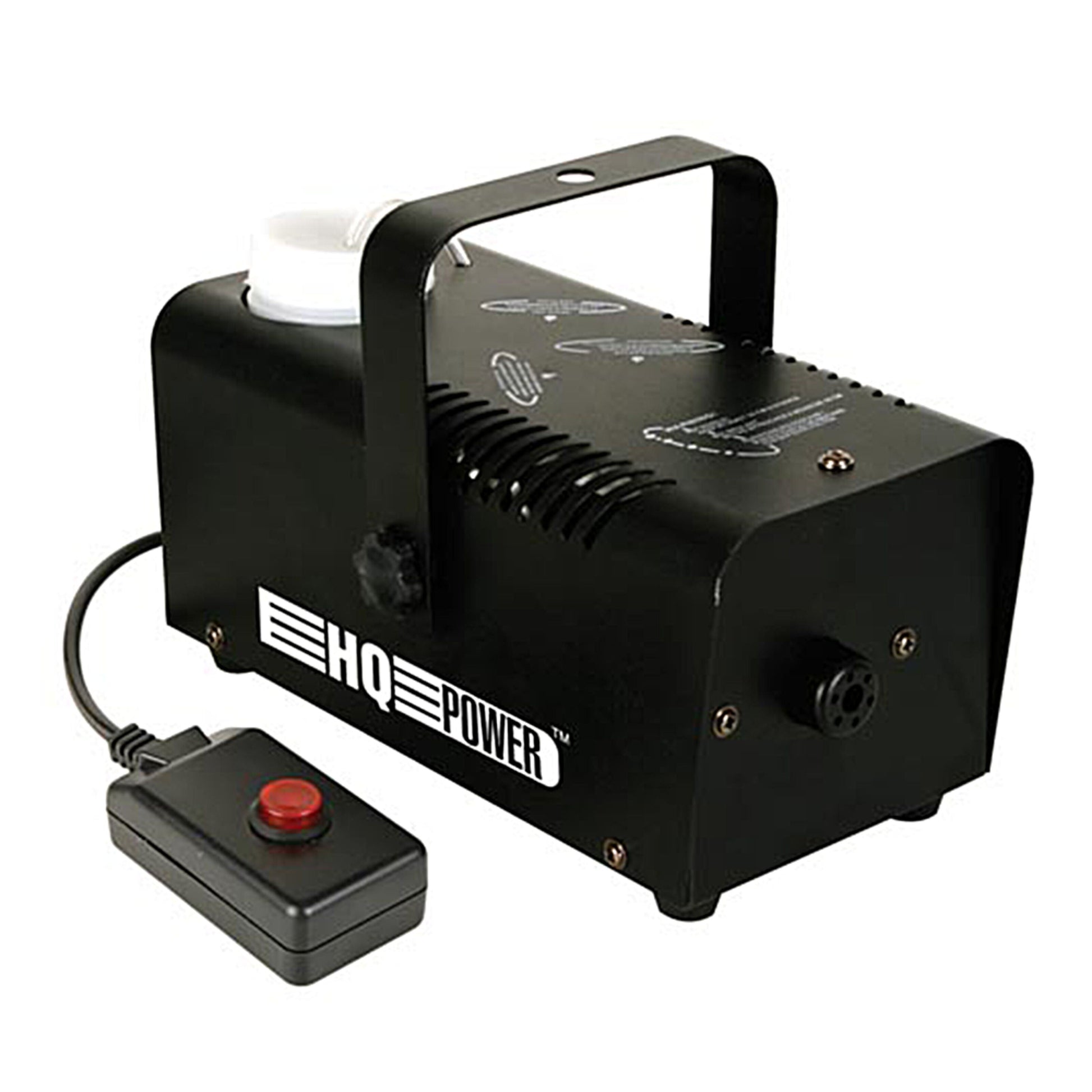Hqpower røgmaskine 400W sort med håndtag, synlig hvid væskebeholder og kablet fjernbetjening med rød knap.