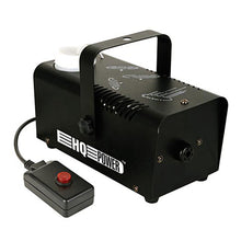Hqpower røgmaskine 400W sort med håndtag, synlig hvid væskebeholder og kablet fjernbetjening med rød knap.