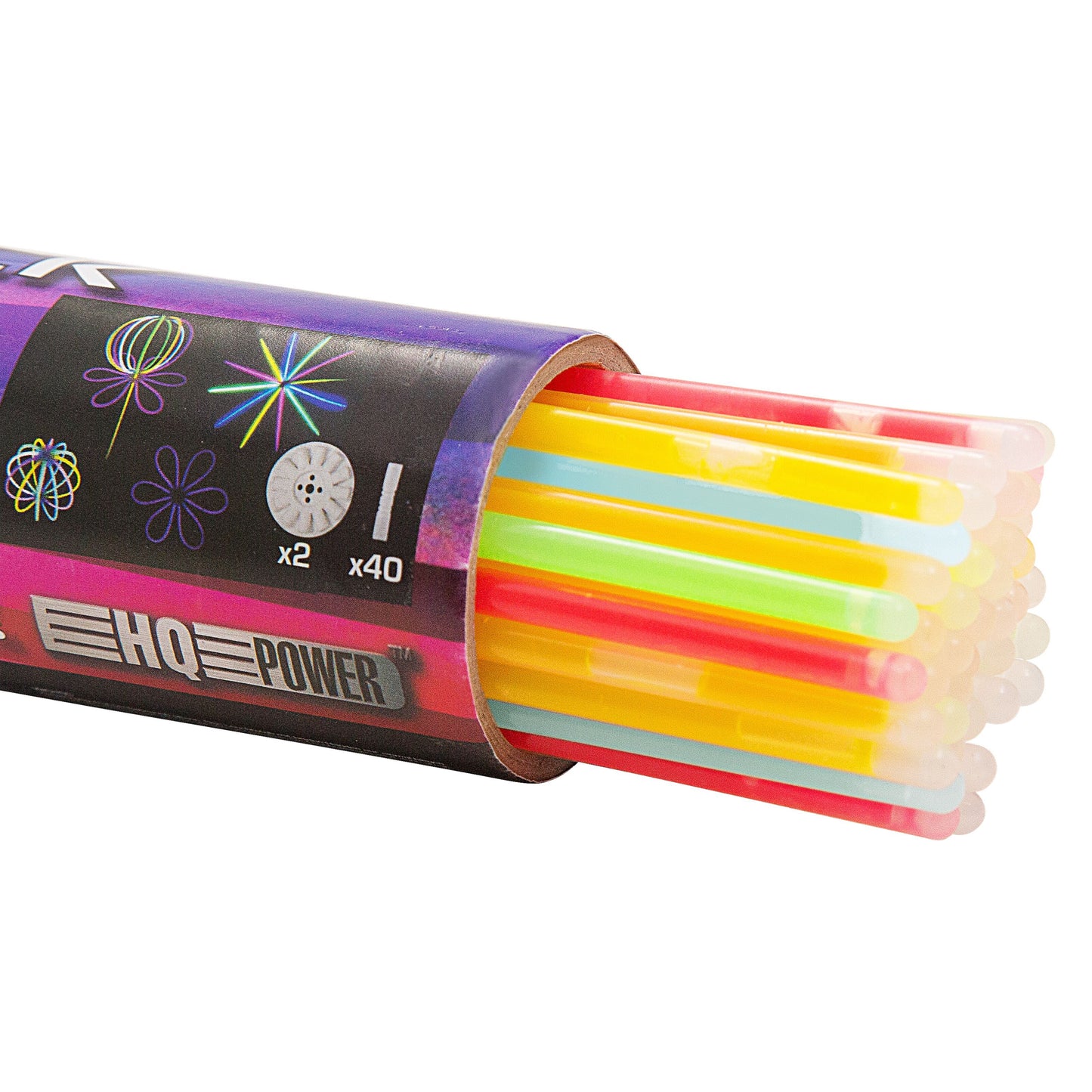 Glowsticks 50-pak Blandet i cylinderbeholder, synlige gul, pink, grøn og blå stænger, emballage med festmotiver.
