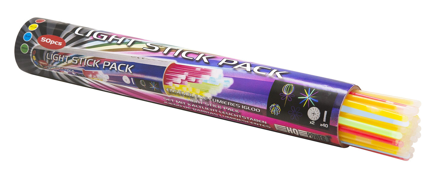 Glowsticks 50-pak - Blandet, rør med 50 neon glowsticks i gul, pink, grøn og orange delvist synlige gennem pakken.