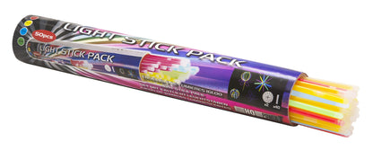 Glowsticks 50-pak - Blandet, rør med 50 neon glowsticks i gul, pink, grøn og orange delvist synlige gennem pakken.