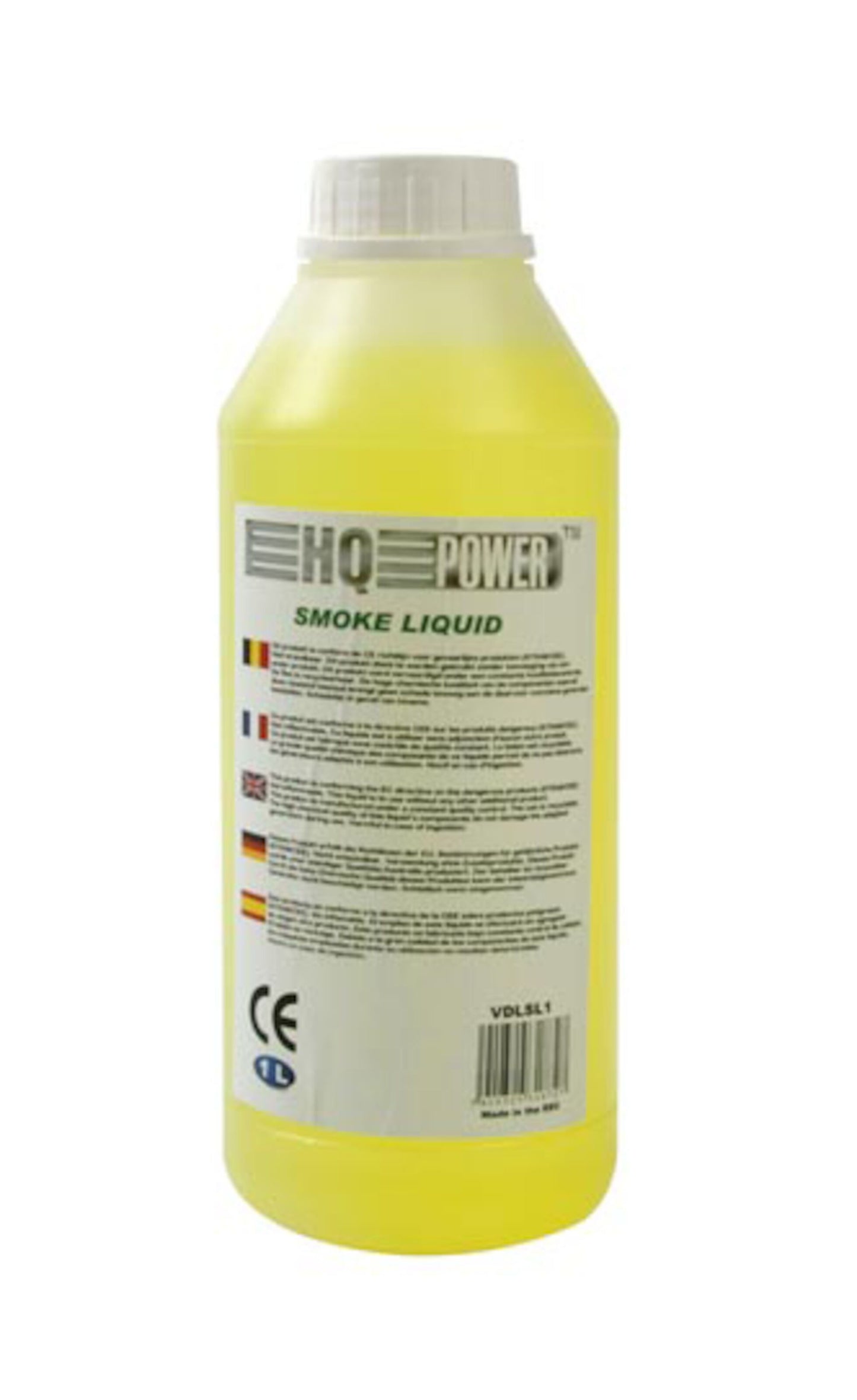 HQ Power Røgvæske 1L flaske med hvid låg, gul væske og flersproget label med produktinfo og brugsanvisning.