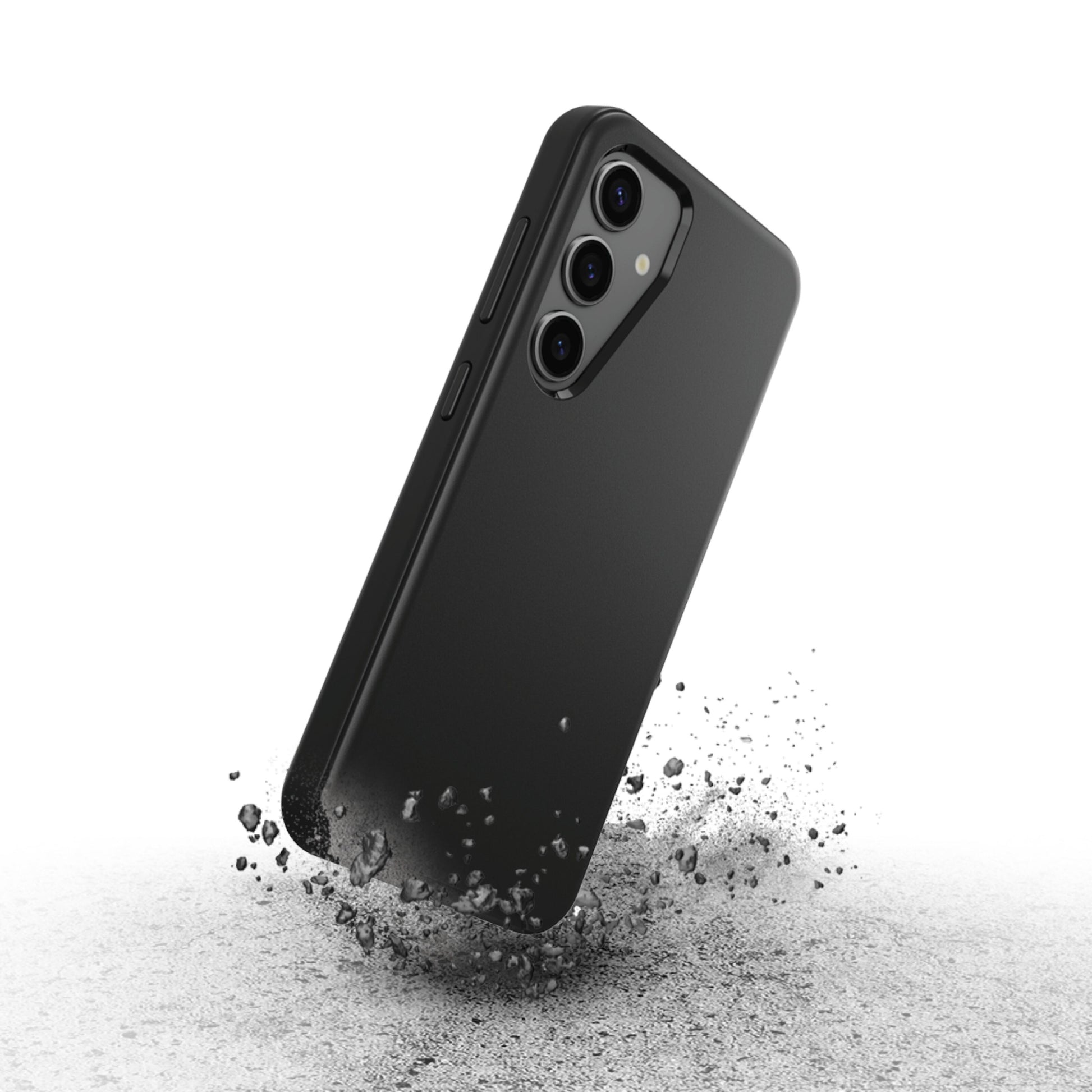 Sort Otterbox Symmetry Robustt cover til Galaxy S24 ved stød med støv og snavs, der viser fald- og stødmodstand.