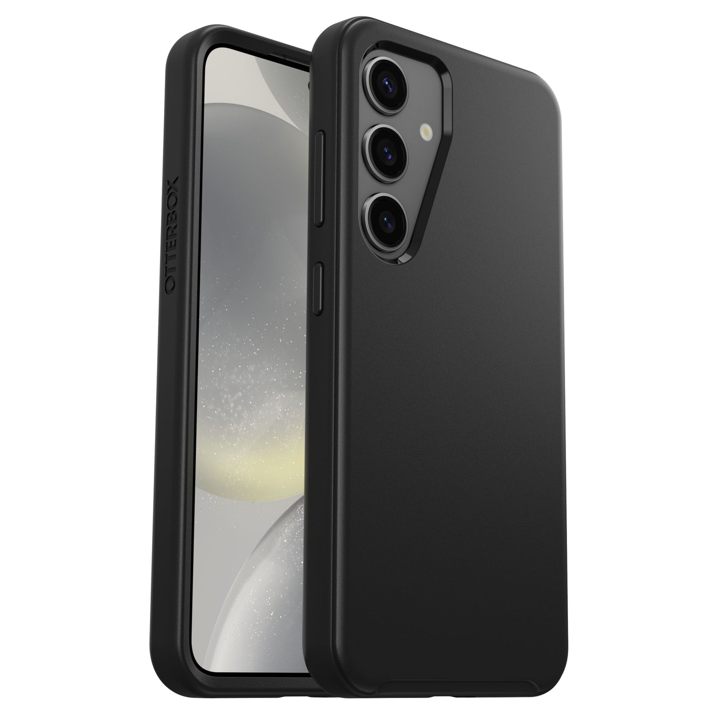 Otterbox Symmetry Robustt etui til Galaxy S24 Sort viser for- og bagside, tre bagkameraer og sideknapper.