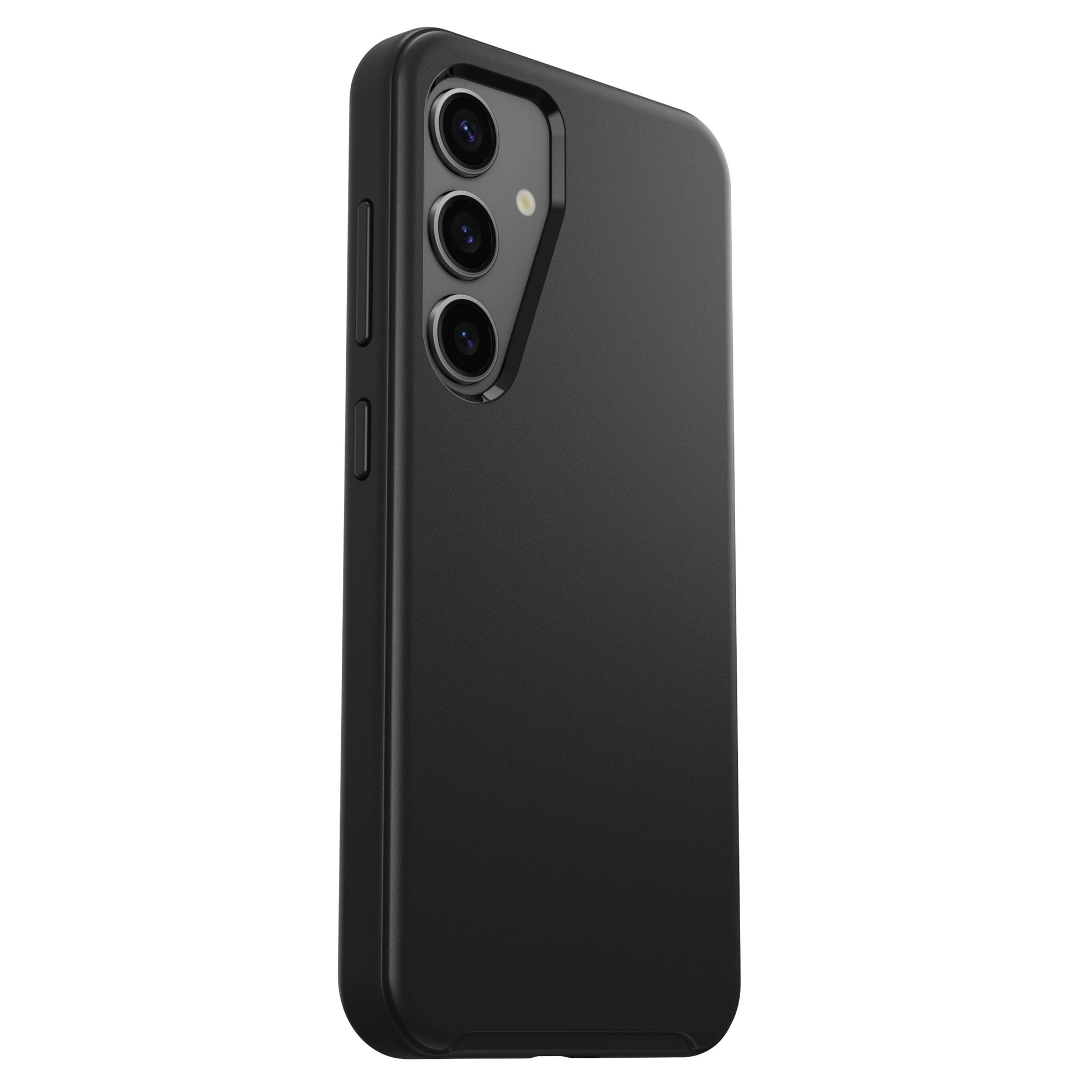 Otterbox Symmetry Robustt etui til Galaxy S24 Sort, set bagfra fra venstre, viser tre kameraer og sideknapper.