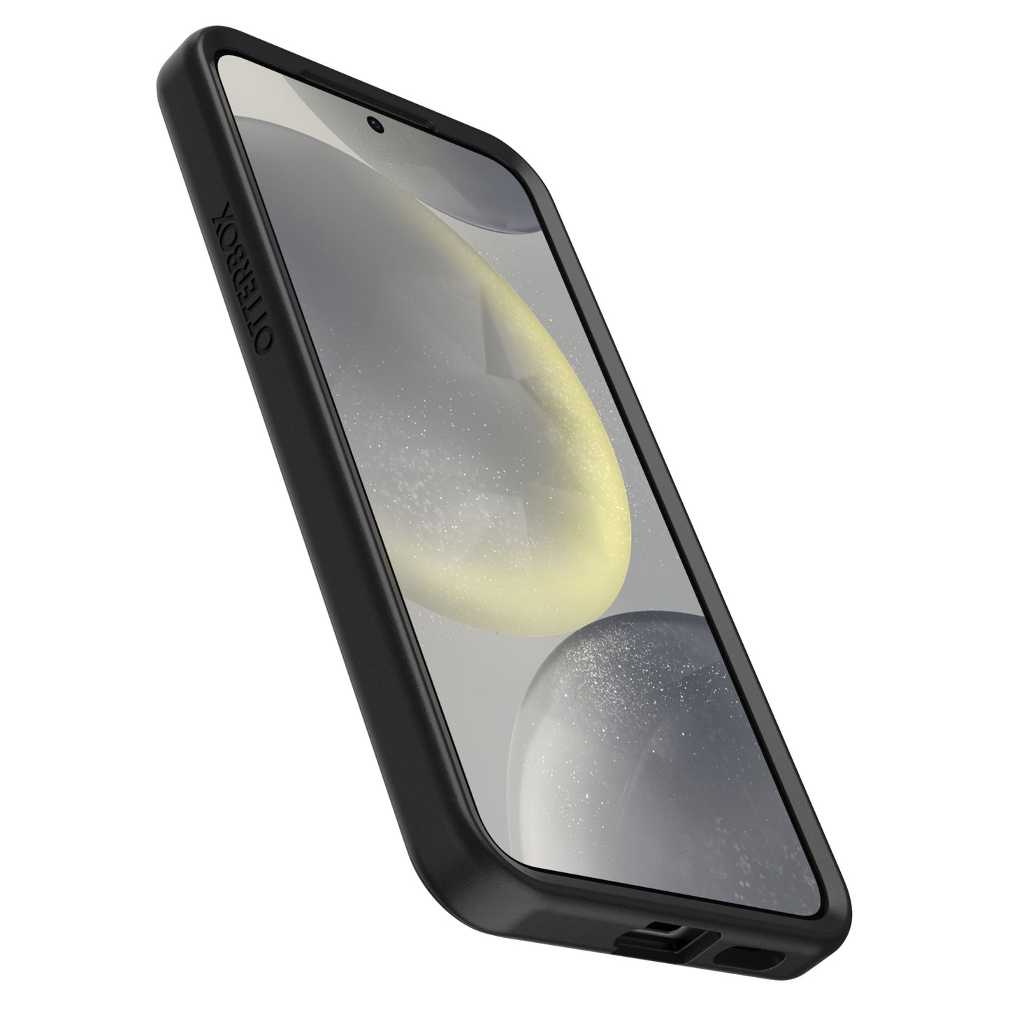 Otterbox Symmetry Robustt etui til Galaxy S24 sort vist på telefon med abstrakt grå-gult baggrundsmotiv på skærmen.