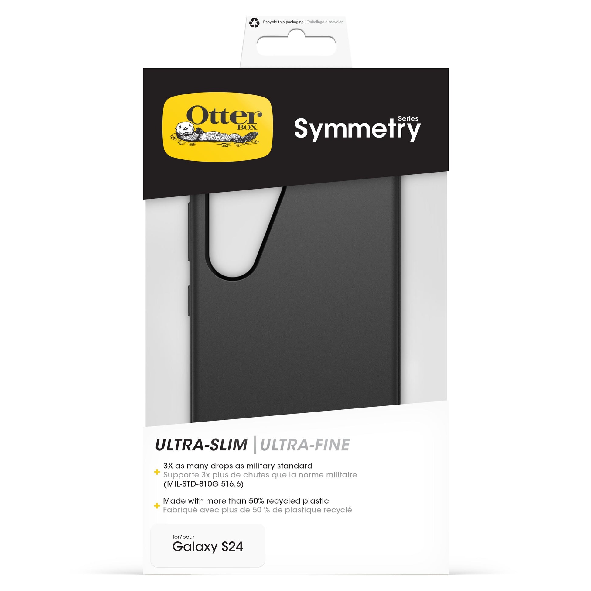 Otterbox Symmetry Robustt etui til Galaxy S24 sort med militær stødabsorbering og over 50 genanvendt plast.