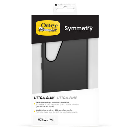 Otterbox Symmetry Robustt etui til Galaxy S24 sort med militær stødabsorbering og over 50 genanvendt plast.