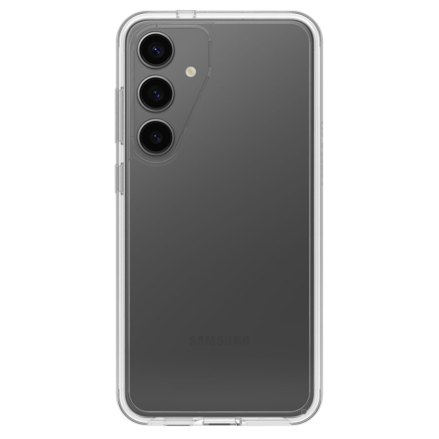 Samsung Galaxy S24 Plus sort, bagside med tre vertikale kameraer og LED-blitz i gennemsigtigt Otterbox Symmetry cover.