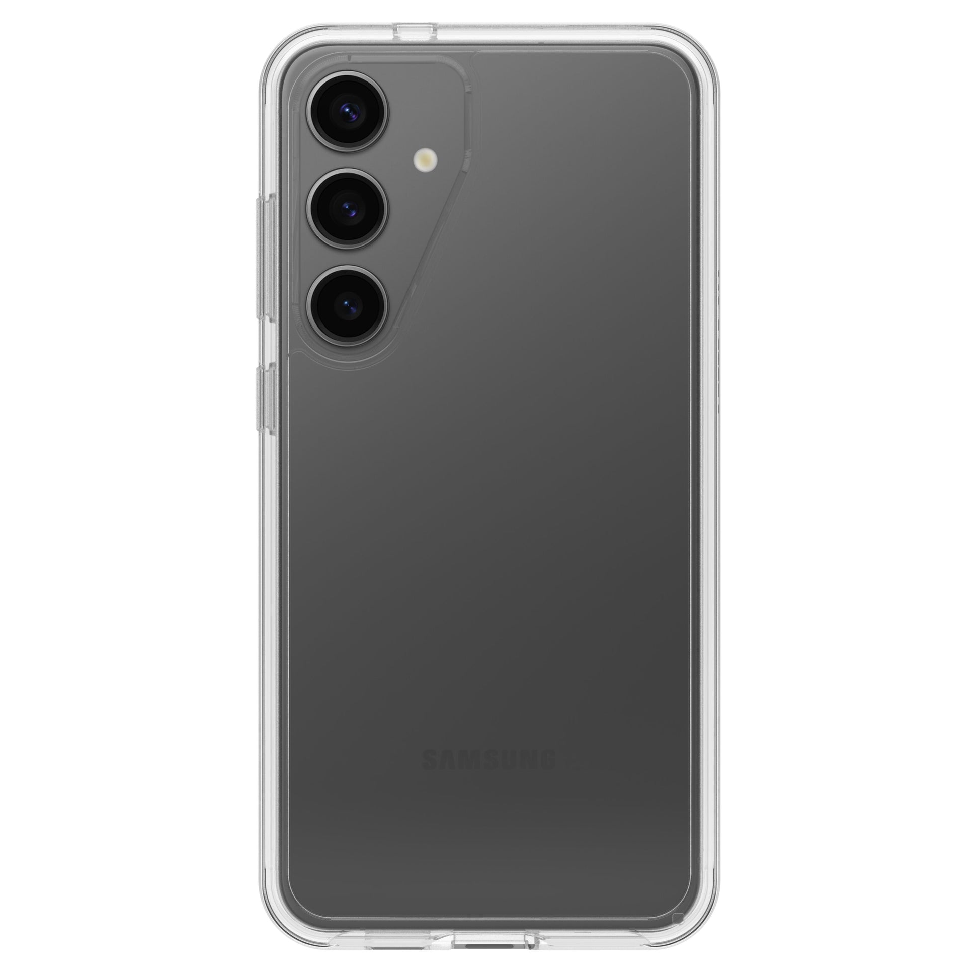 Samsung Galaxy S24 Plus sort, bagside med tre vertikale kameraer og LED-blitz i gennemsigtigt Otterbox Symmetry cover.