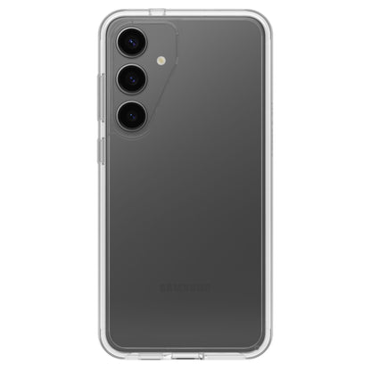 Samsung Galaxy S24 Plus sort, bagside med tre vertikale kameraer og LED-blitz i gennemsigtigt Otterbox Symmetry cover.
