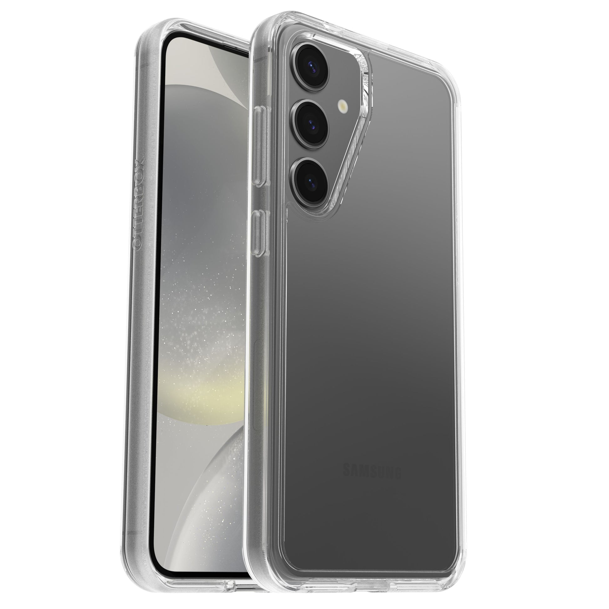 Otterbox Symmetry Robust cover til Galaxy S24 Plus gennemsigtig viser frontskærm og triple-kamera bagside.