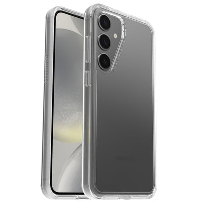 Otterbox Symmetry Robust cover til Galaxy S24 Plus gennemsigtig viser frontskærm og triple-kamera bagside.
