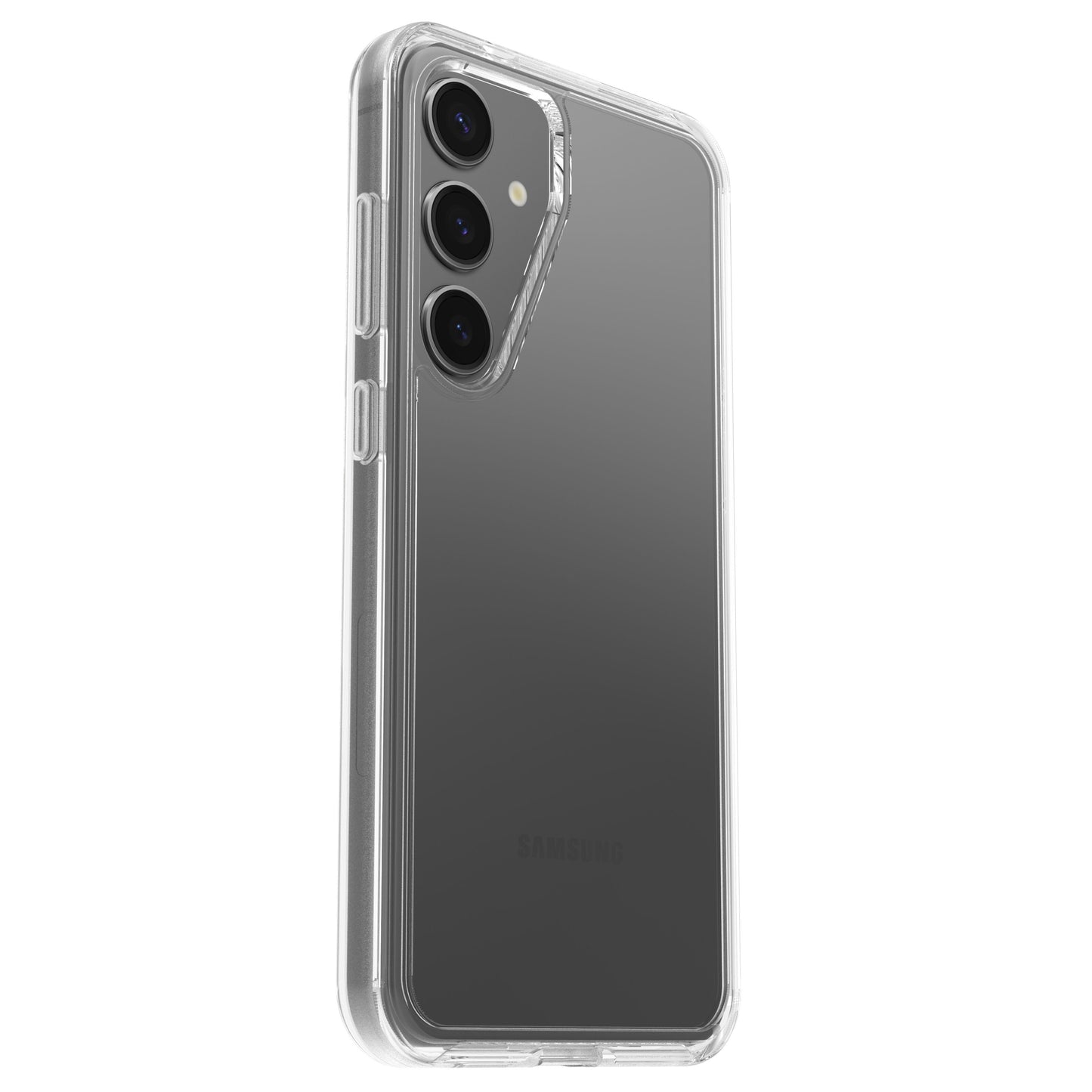 Transparent Symmetry Robust cover til Samsung Galaxy S24 Plus med tre vertikalt placerede bagkameraer i øverste venstre hjørne.