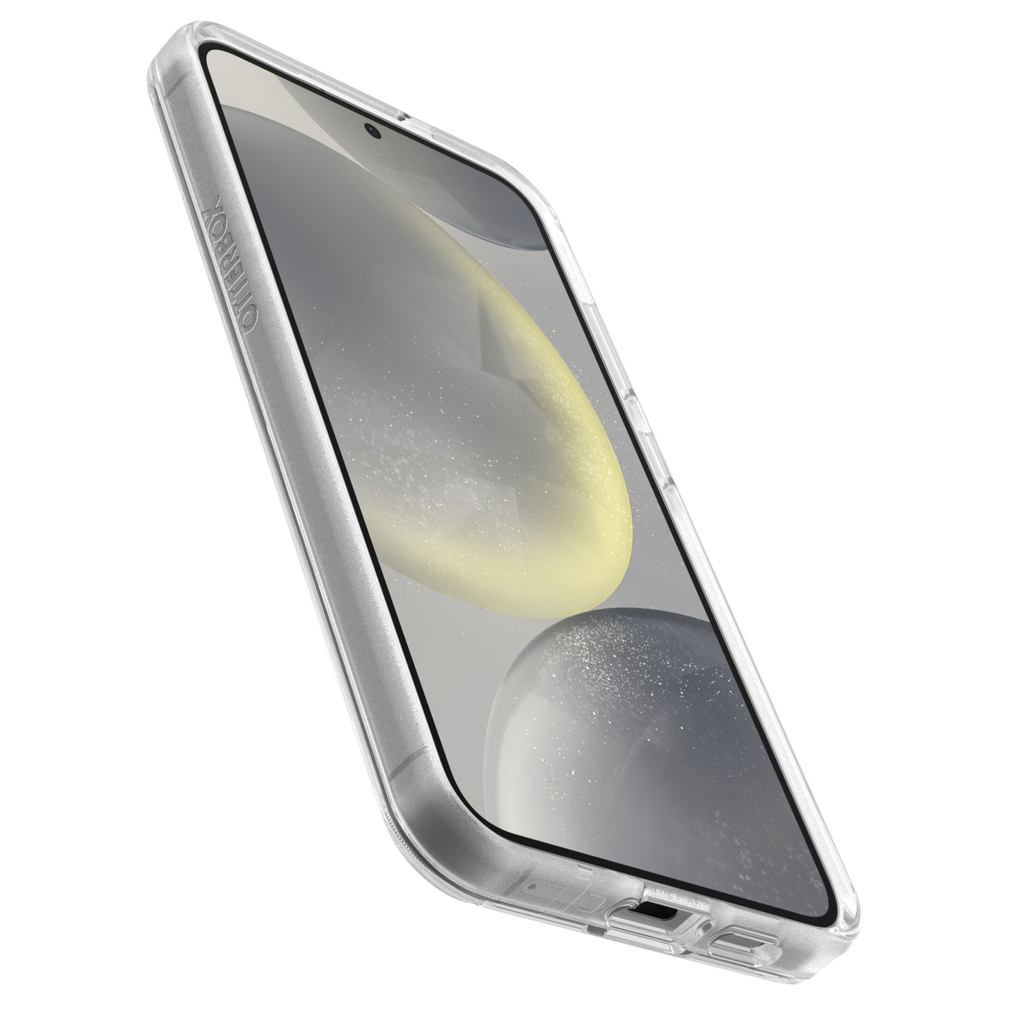 Otterbox Symmetry Robust cover til Galaxy S24 Plus gennemsigtig med logo på siden, stærkt klart beskyttelsescover.