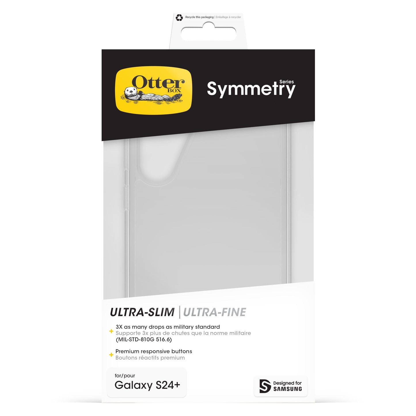 Otterbox Symmetry cover til Galaxy S24 Plus gennemsigtig med 3x dropbeskyttelse og responsive knapper.