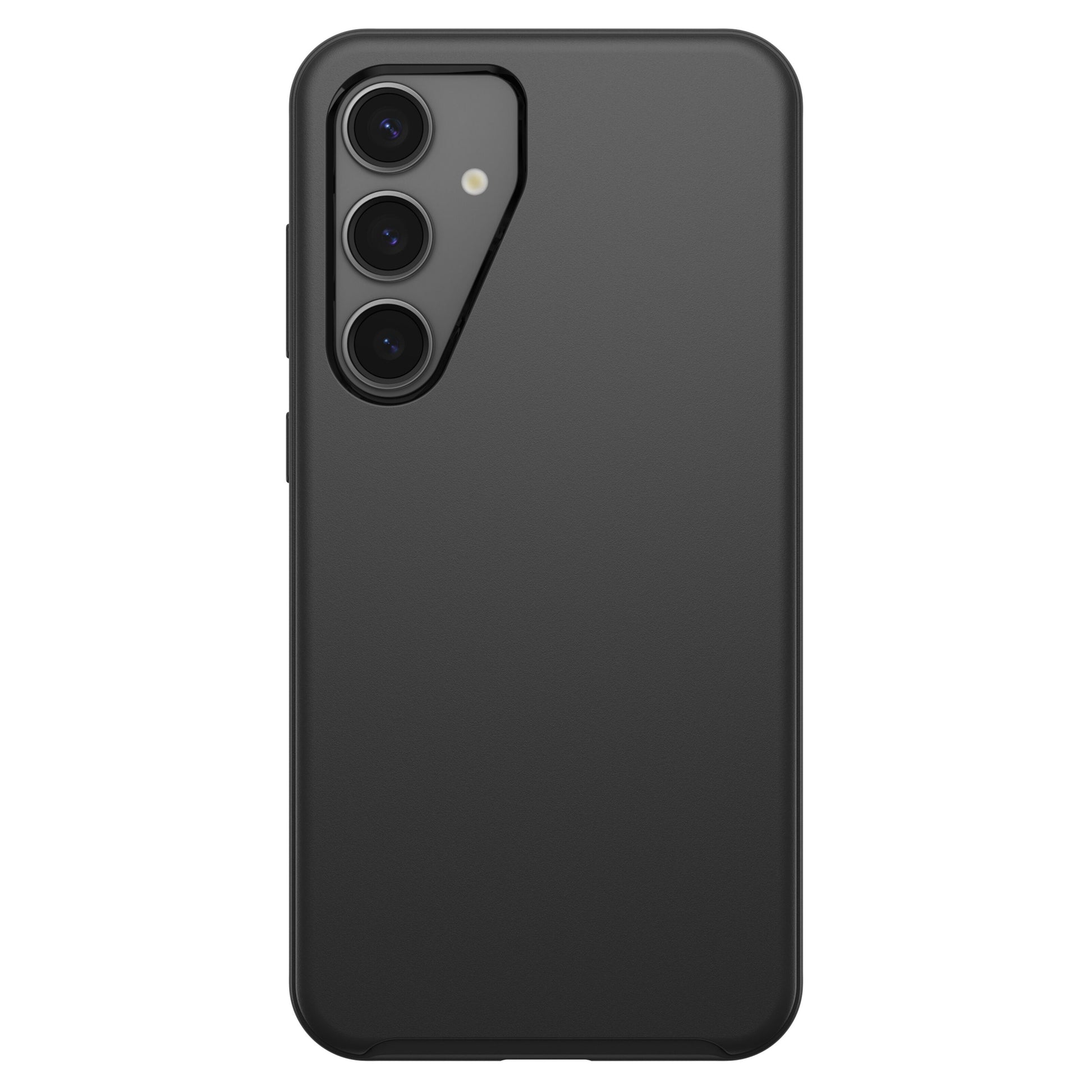 Otterbox Symmetry Robust cover til Galaxy S24 Plus sort, tre vertikale bagkameraer, blitz, mat finish, trådløs opladning.
