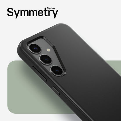 Otterbox Symmetry Robust cover til Galaxy S24 Plus sort, med kameratudskæringer og understøttelse af trådløs opladning.