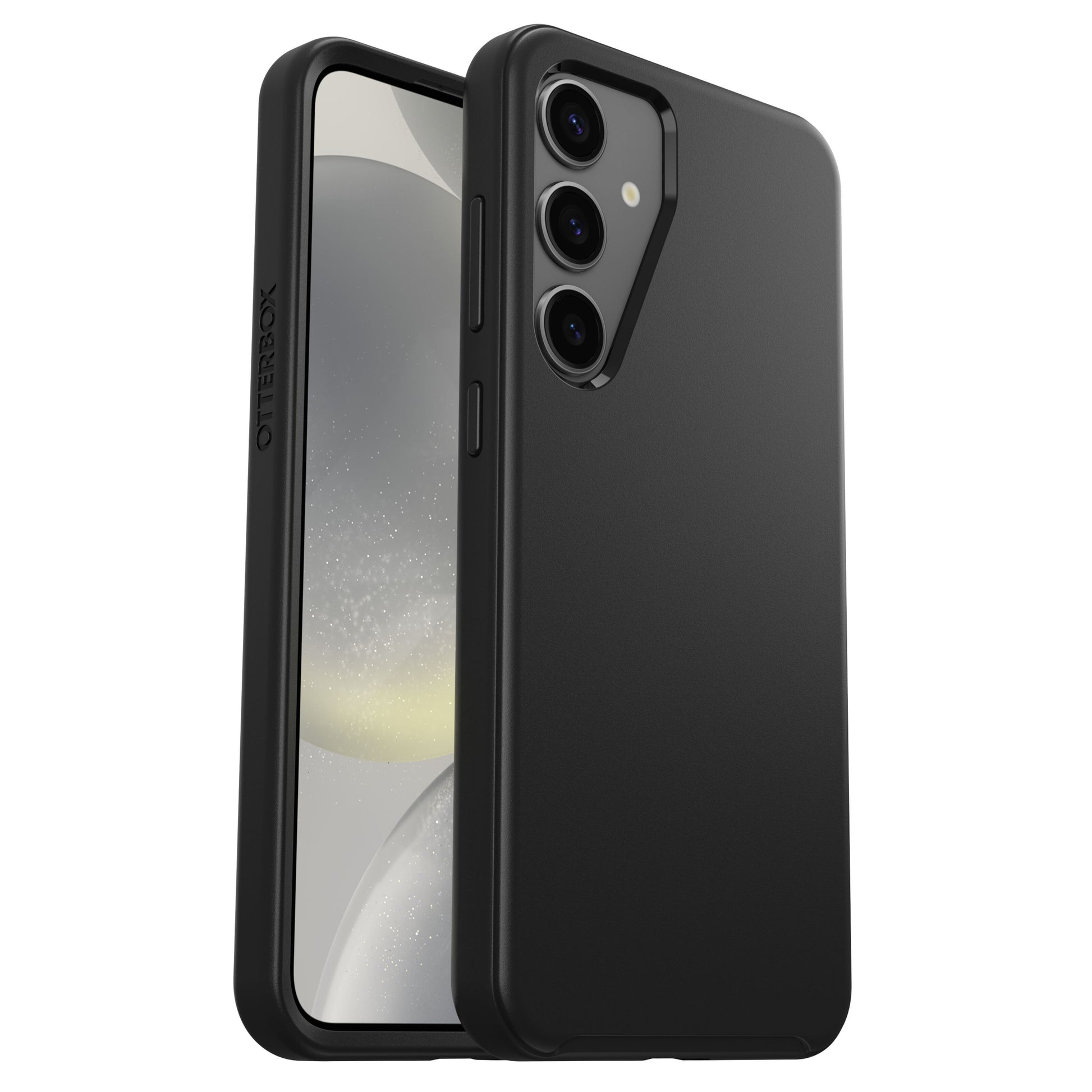 Otterbox Symmetry Robust cover til Galaxy S24 Plus sort, bagside med tre kameralinseudskæringer, mat finish, logo på siden.
