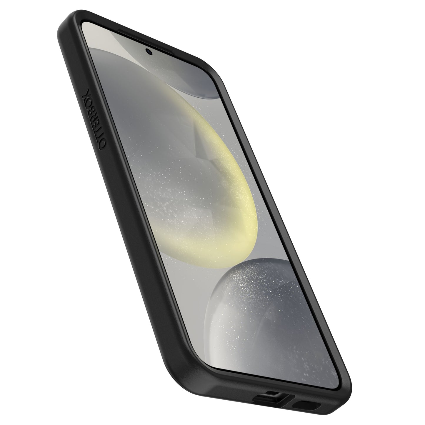 Samsung Galaxy S24 Plus i sort Otterbox Symmetry Robust cover, skrå vinkel, gul/grå abstrakt skærm, understøtter trådløs opladning.