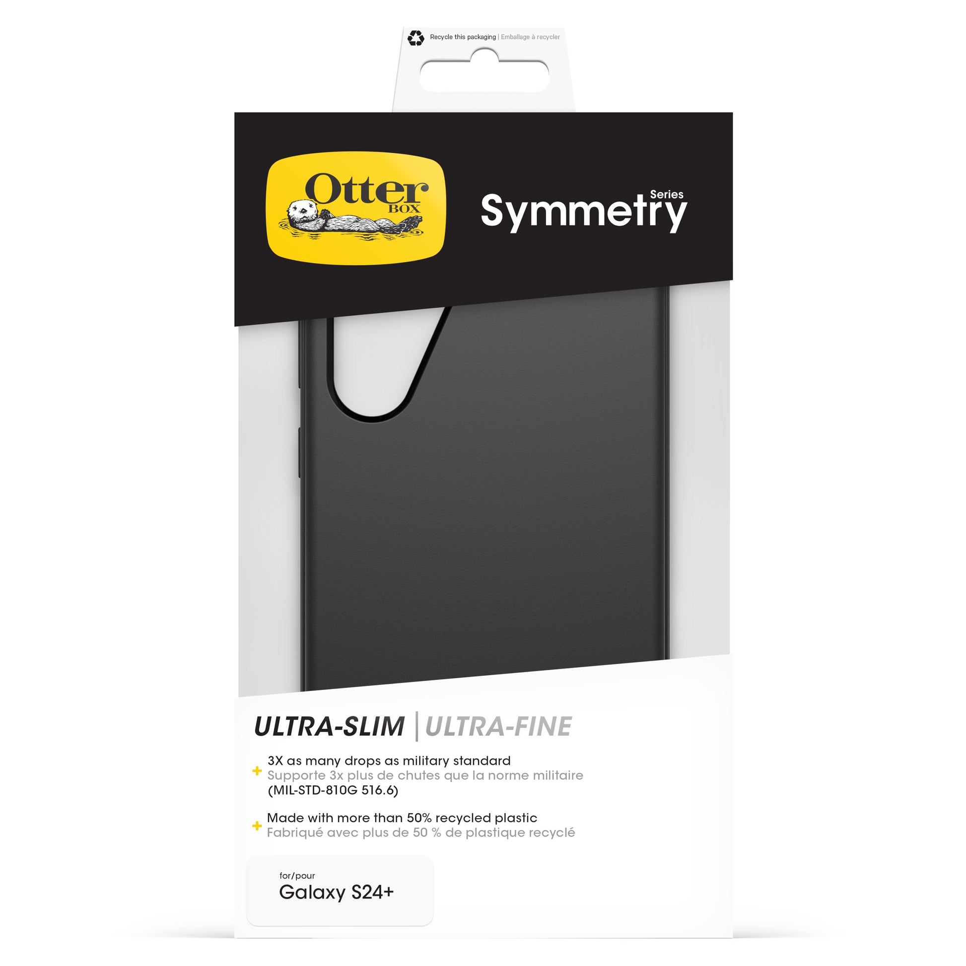 Otterbox Symmetry Robust cover til Galaxy S24 Plus sort i emballage med vindue, ultra-slim, militærbeskyttelse, genanvendt plast.