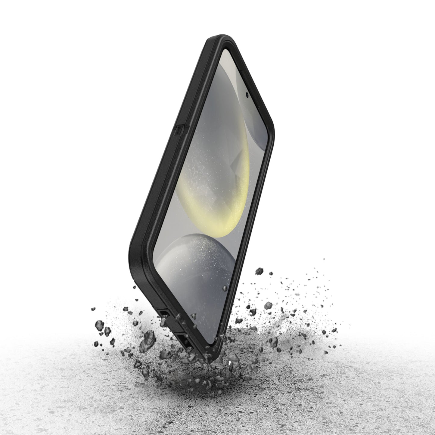 Samsung Galaxy S24 Plus i sort Otterbox Beskyttende etui på ru overflade, støv og snavs spredes ved kontakt.