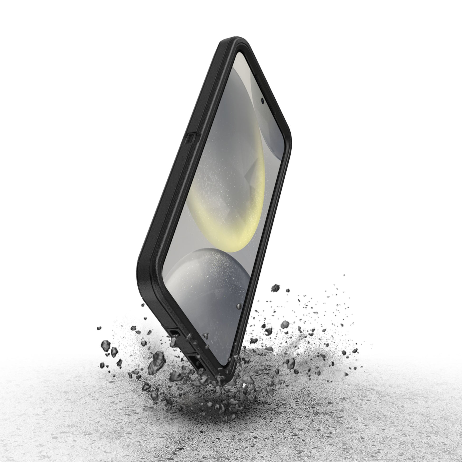 Samsung Galaxy S24 Plus i sort Otterbox Beskyttende etui på ru overflade, støv og snavs spredes ved kontakt.