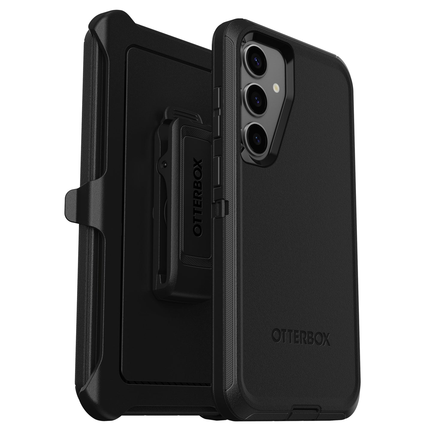 Otterbox beskyttende etui til Galaxy S24 Plus sort med clip-on hylster, tre kamerahuller og Otterbox-logo.