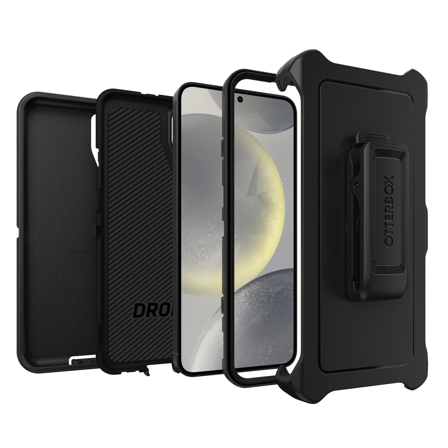 Otterbox etui til Galaxy S24 Plus, fire lag, blødt indre og tekstureret lag, indbygget skærmbeskyttelse, bælteklips.