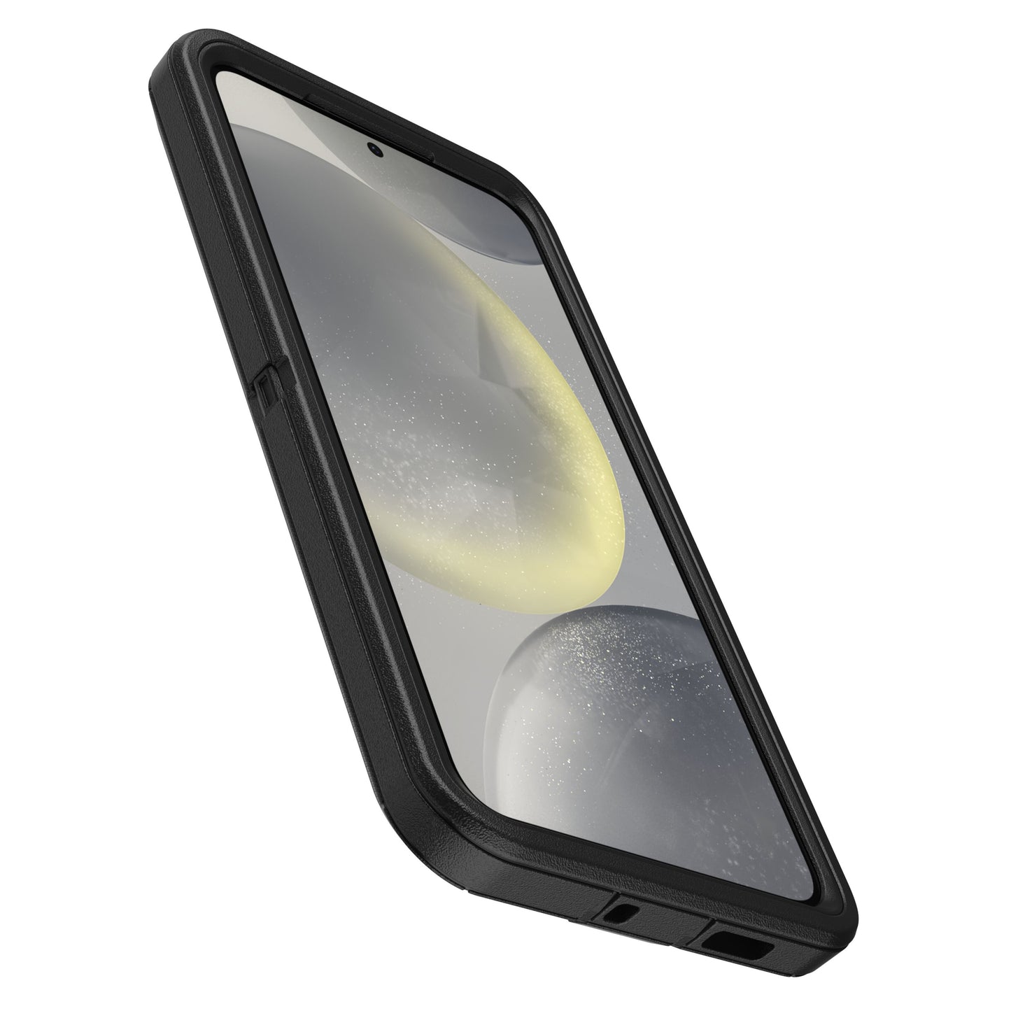 Samsung Galaxy S24 Plus med sort Otterbox Beskyttende etui, abstrakt grå og gul buet skærmdesign, set fra lav vinkel.