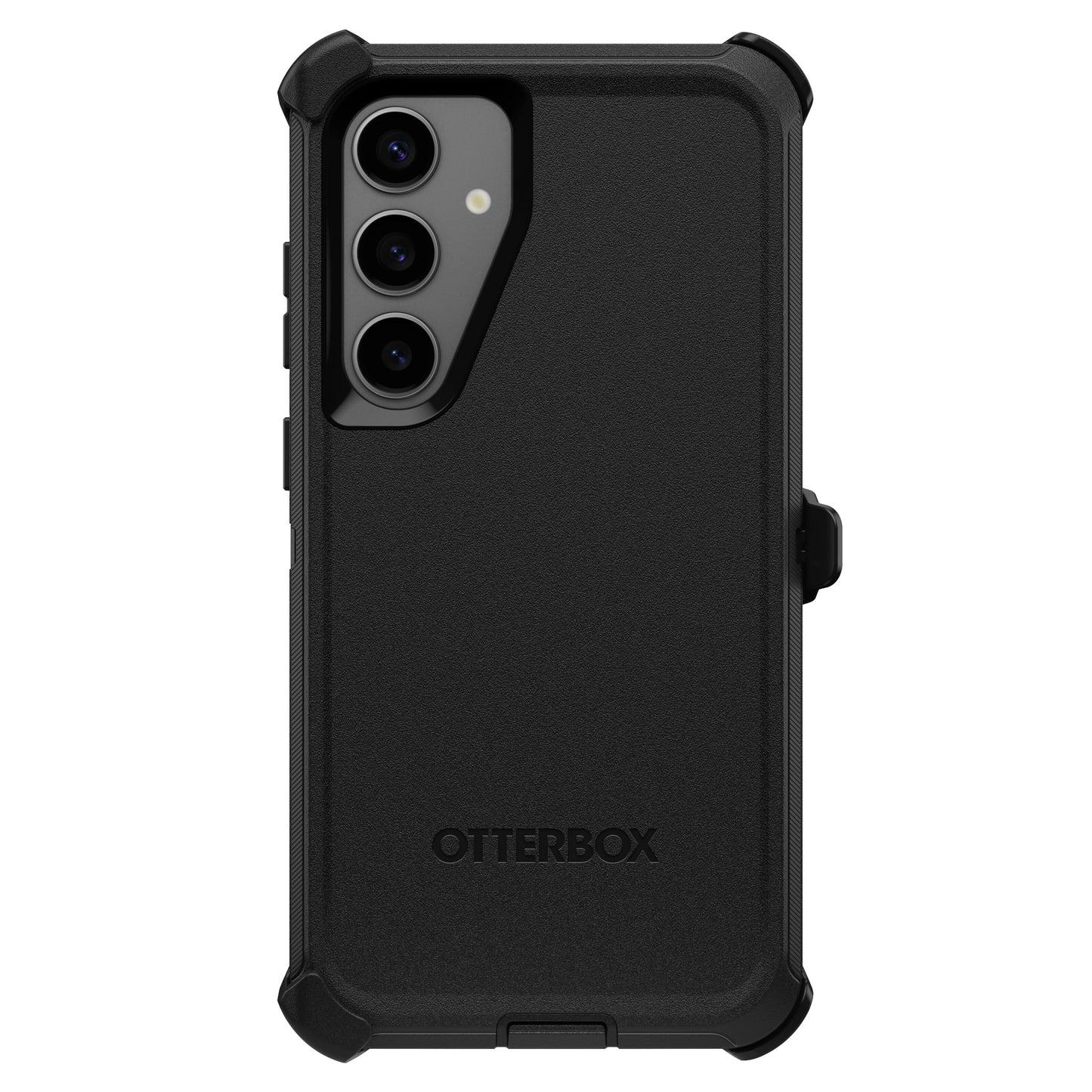 Otterbox beskyttende etui til Galaxy S24 Plus sort, forstærkede hjørner, vertikal tredobbelt bagkamera, Otterbox-logo.