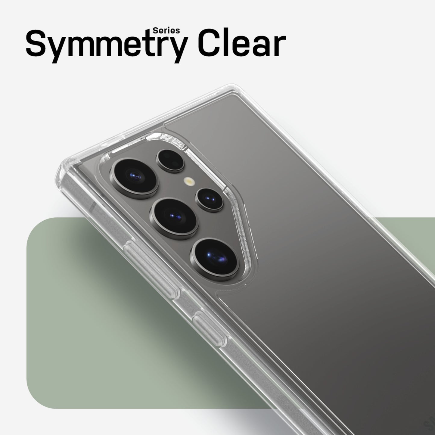 Galaxy S24 Ultra med flere taskekameraer i gennemsigtigt Otterbox Symmetry Robust cover, Otterbox-logo synligt.