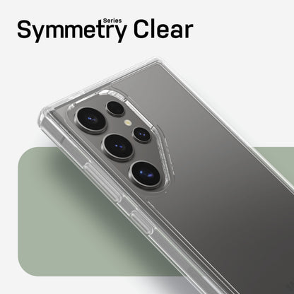 Galaxy S24 Ultra med flere taskekameraer i gennemsigtigt Otterbox Symmetry Robust cover, Otterbox-logo synligt.