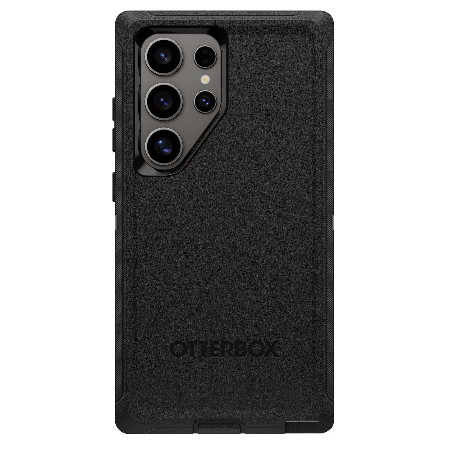 Otterbox beskyttende etui til Galaxy S24 Ultra sort, flere taskekameraer, præget Otterbox-logo nederst, genbrugsmateriale.