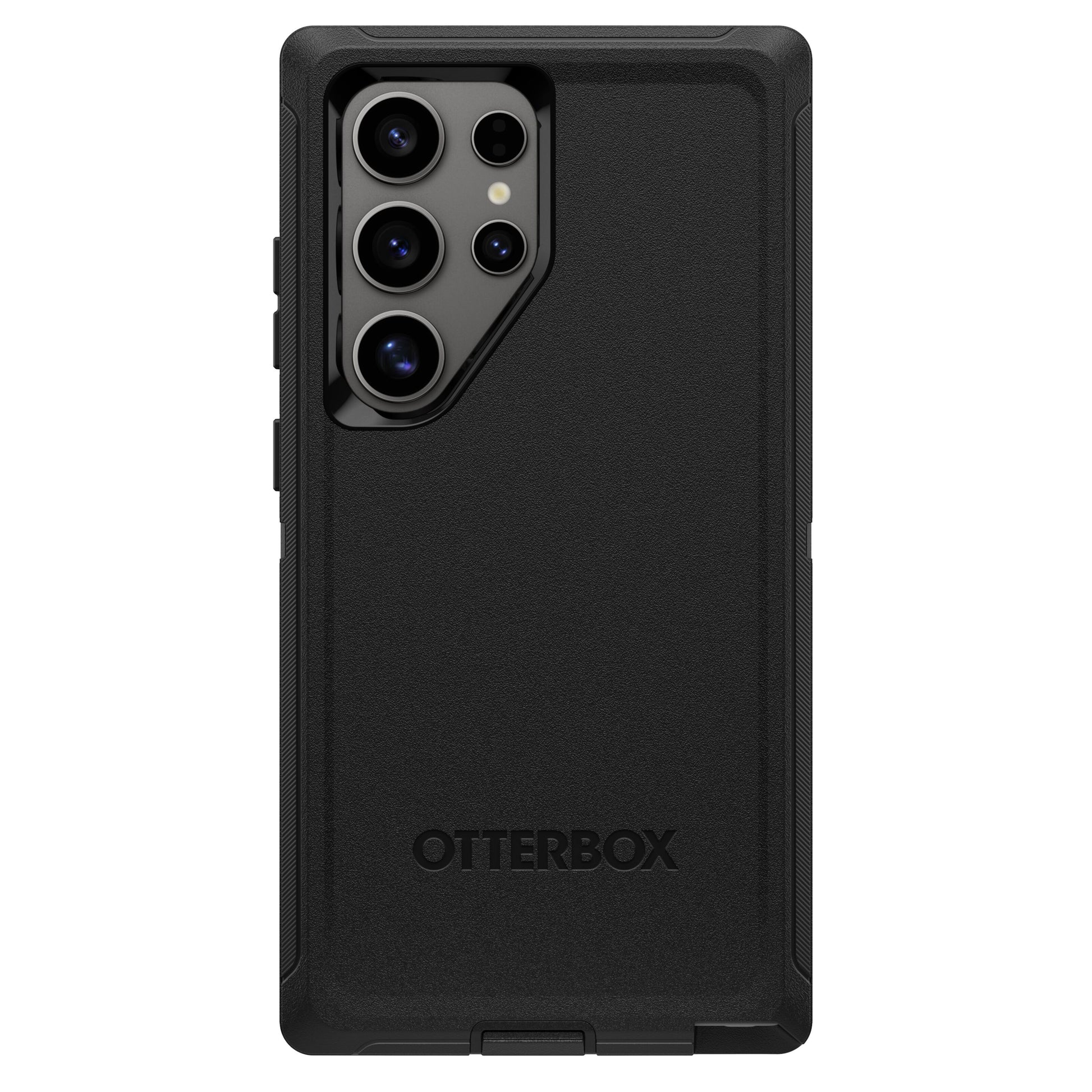 Otterbox beskyttende etui til Galaxy S24 Ultra sort, flere taskekameraer, præget Otterbox-logo nederst, genbrugsmateriale.