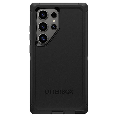 Otterbox beskyttende etui til Galaxy S24 Ultra sort, flere taskekameraer, præget Otterbox-logo nederst, genbrugsmateriale.