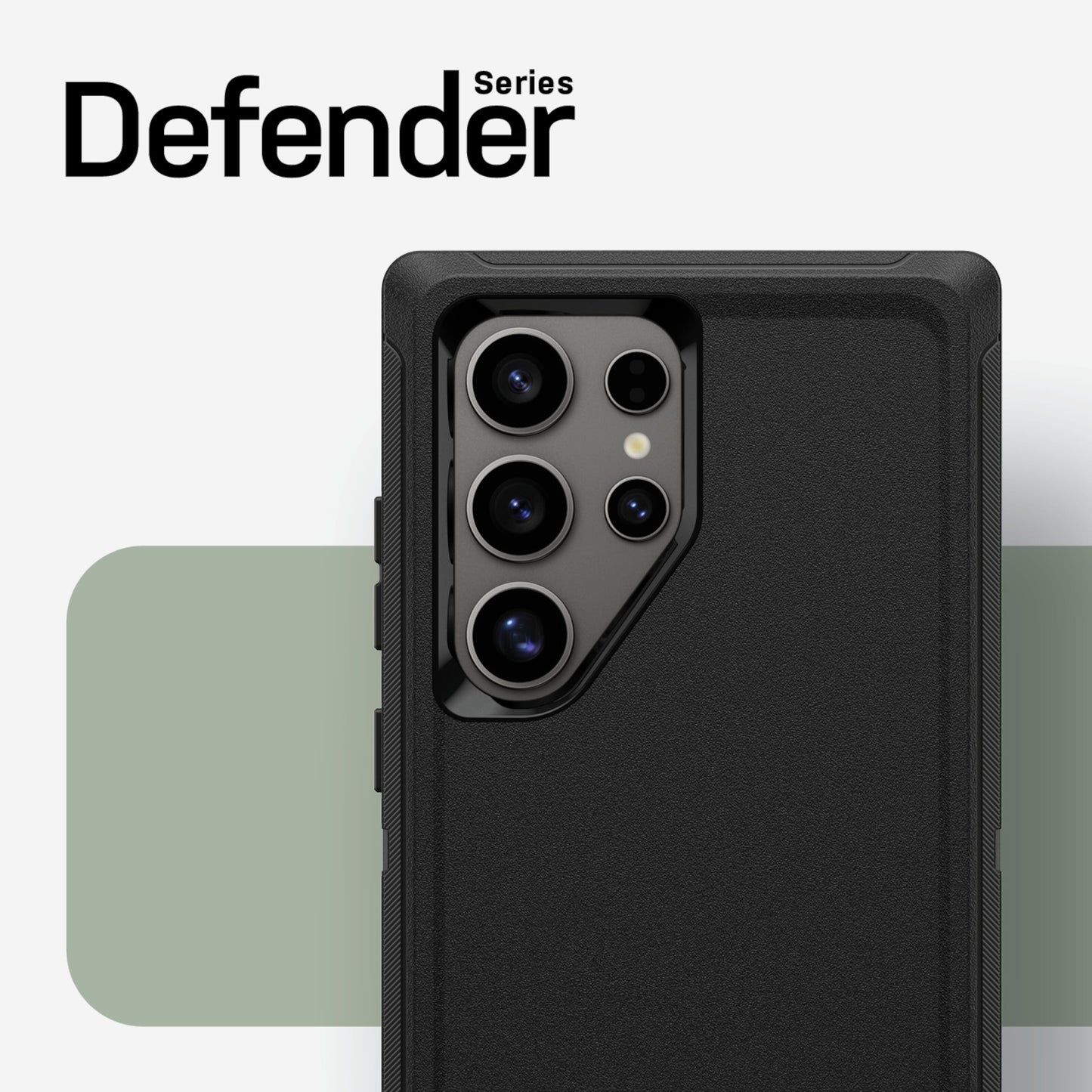 Otterbox Beskyttende etui til Galaxy S24 Ultra sort med flere bagkameraer Defender Series-tekst øverst Fremstillet af genbrugsmaterialer.