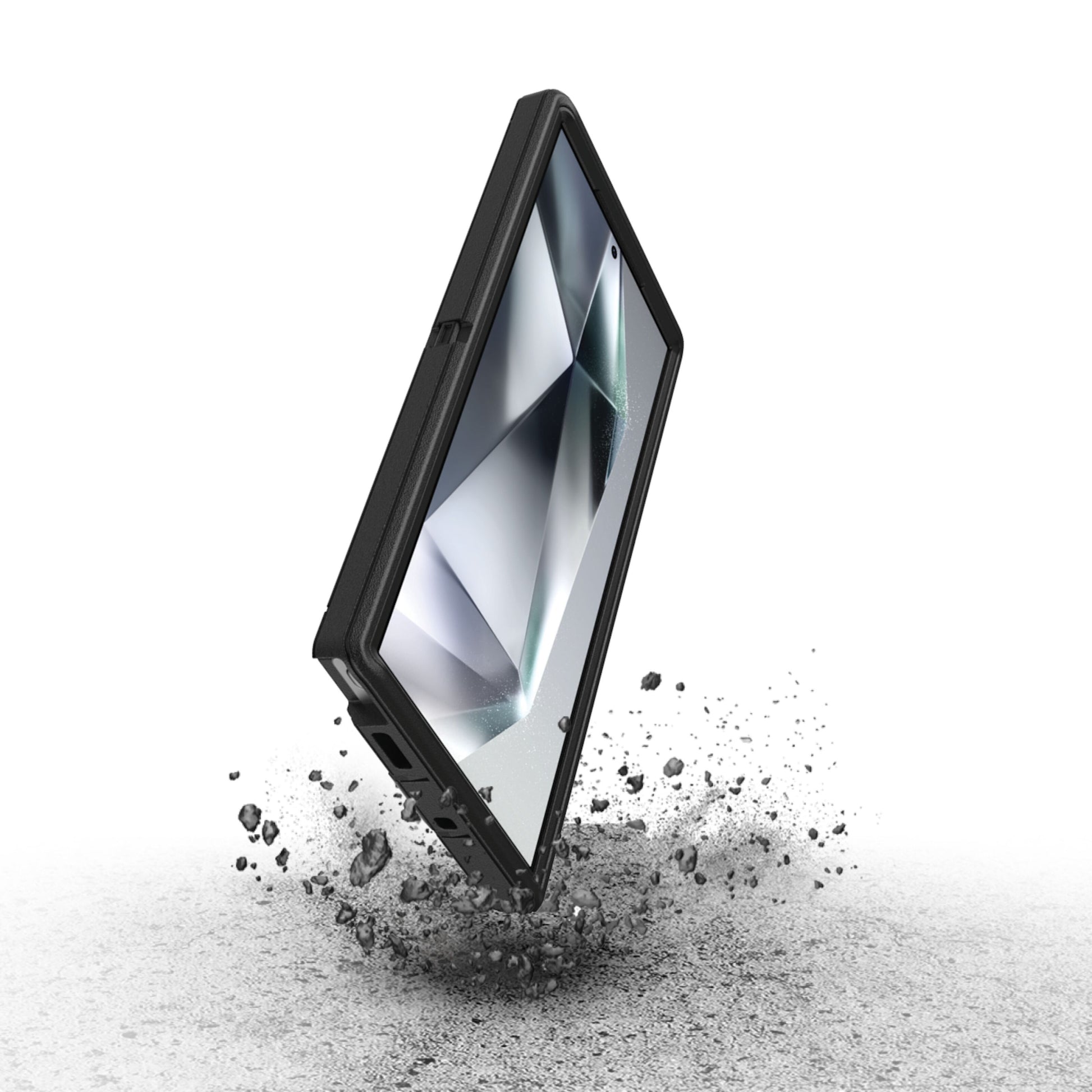 Otterbox beskyttende etui til Galaxy S24 Ultra, sort, støv og snavs omkring for slagfast design med genbrugsmateriale.