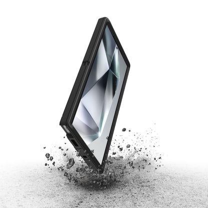 Otterbox beskyttende etui til Galaxy S24 Ultra, sort, støv og snavs omkring for slagfast design med genbrugsmateriale.