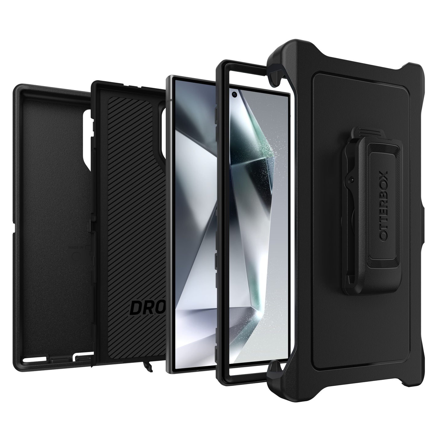Otterbox beskyttende etui til Galaxy S24 Ultra i sort med bælteklips, hardcase, inderfor i genanvendt materiale.