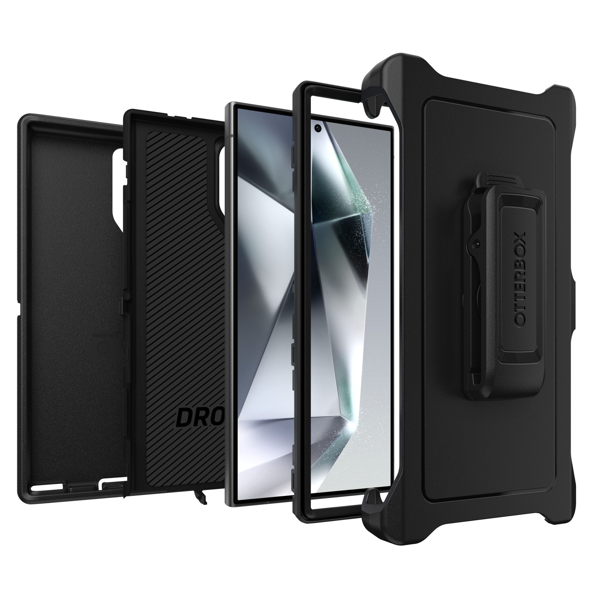 Otterbox beskyttende etui til Galaxy S24 Ultra i sort med bælteklips, hardcase, inderfor i genanvendt materiale.