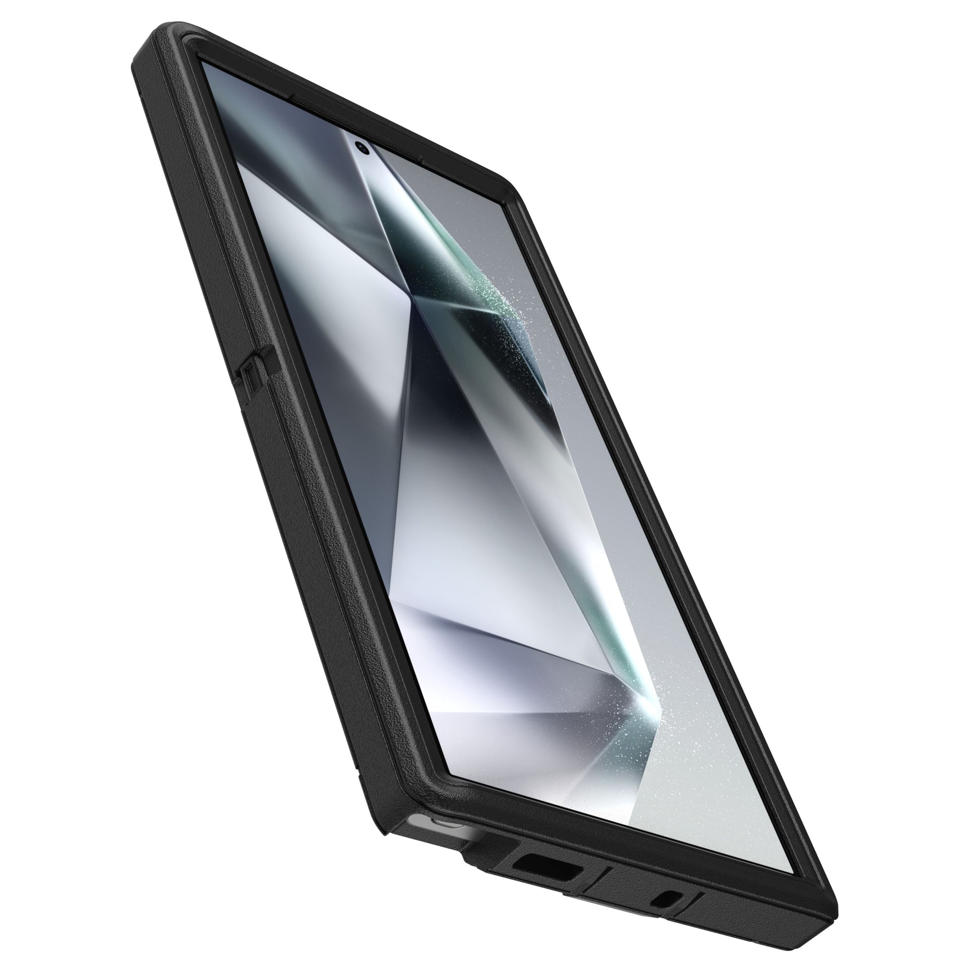 Sort Otterbox beskyttende etui til Galaxy S24 Ultra, lavet af genanvendt materiale, på tablet med geometrisk skærmdesign.
