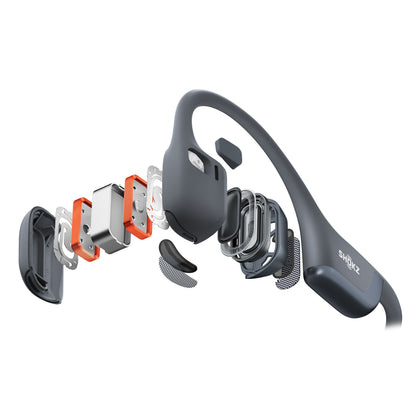 Shokz OpenRun Pro 2 trådløse hovedtelefoner, eksploderet visning af magneter, printplader, mesh og delvist fjernet cover, Bluetooth 5.3.