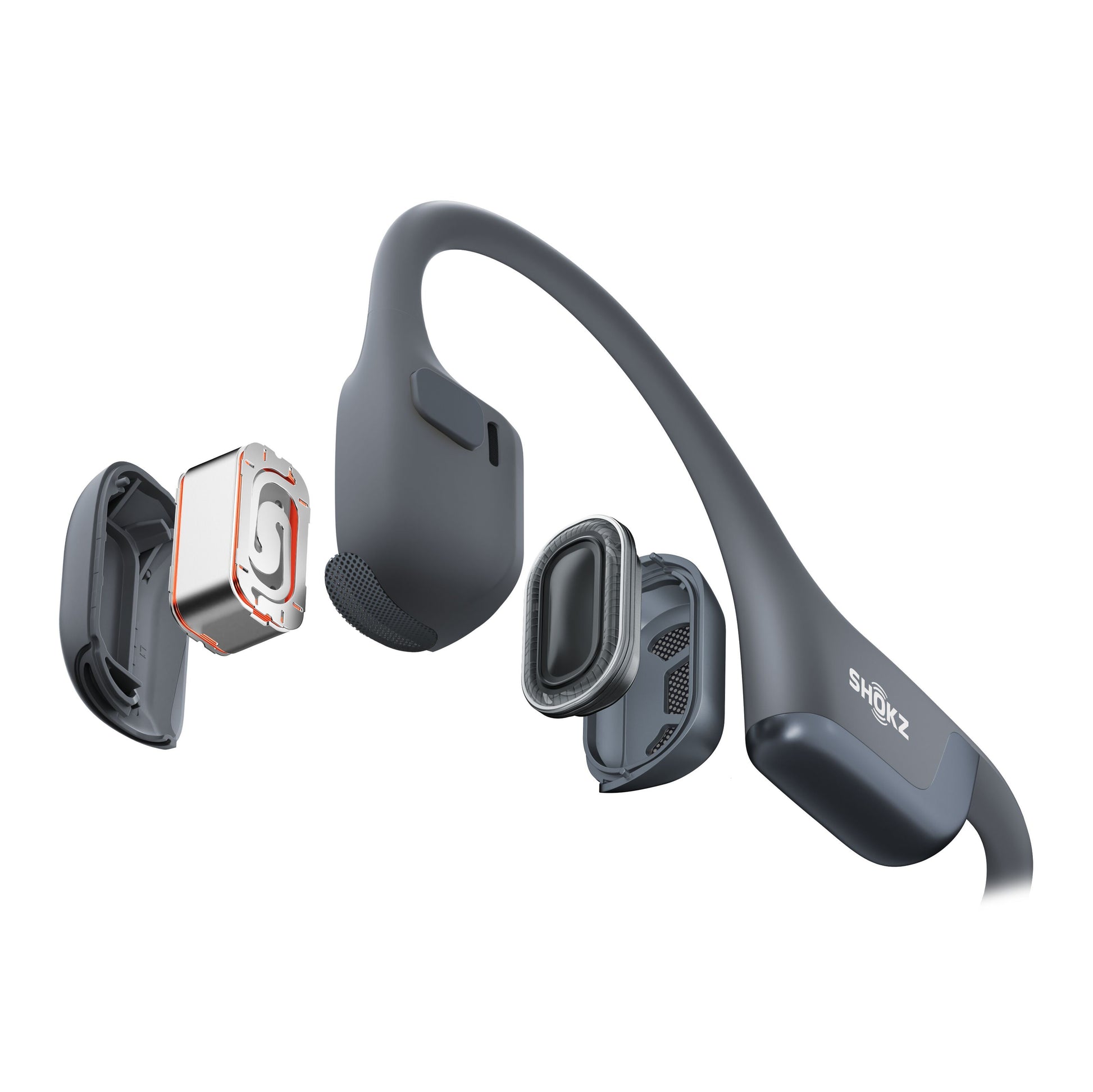 Shokz OpenRun Pro 2 trådløst headset mørkegrå, synlige indre dele med benledningsteknologi, Bluetooth 5.3, Shokz-logo.