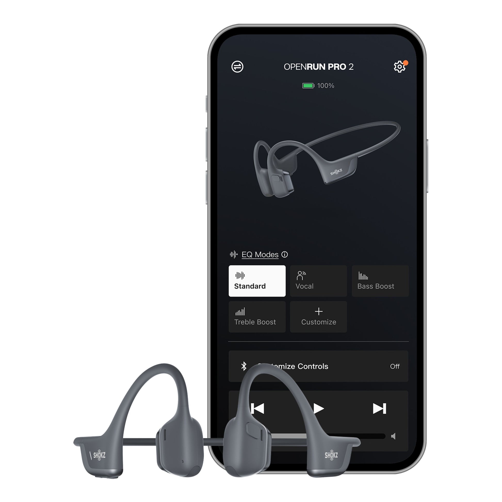 Shokz OpenRun Pro 2 trådløse hovedtelefoner vist foran en smartphone med Shokz høretelefonkontrol på skærmen.