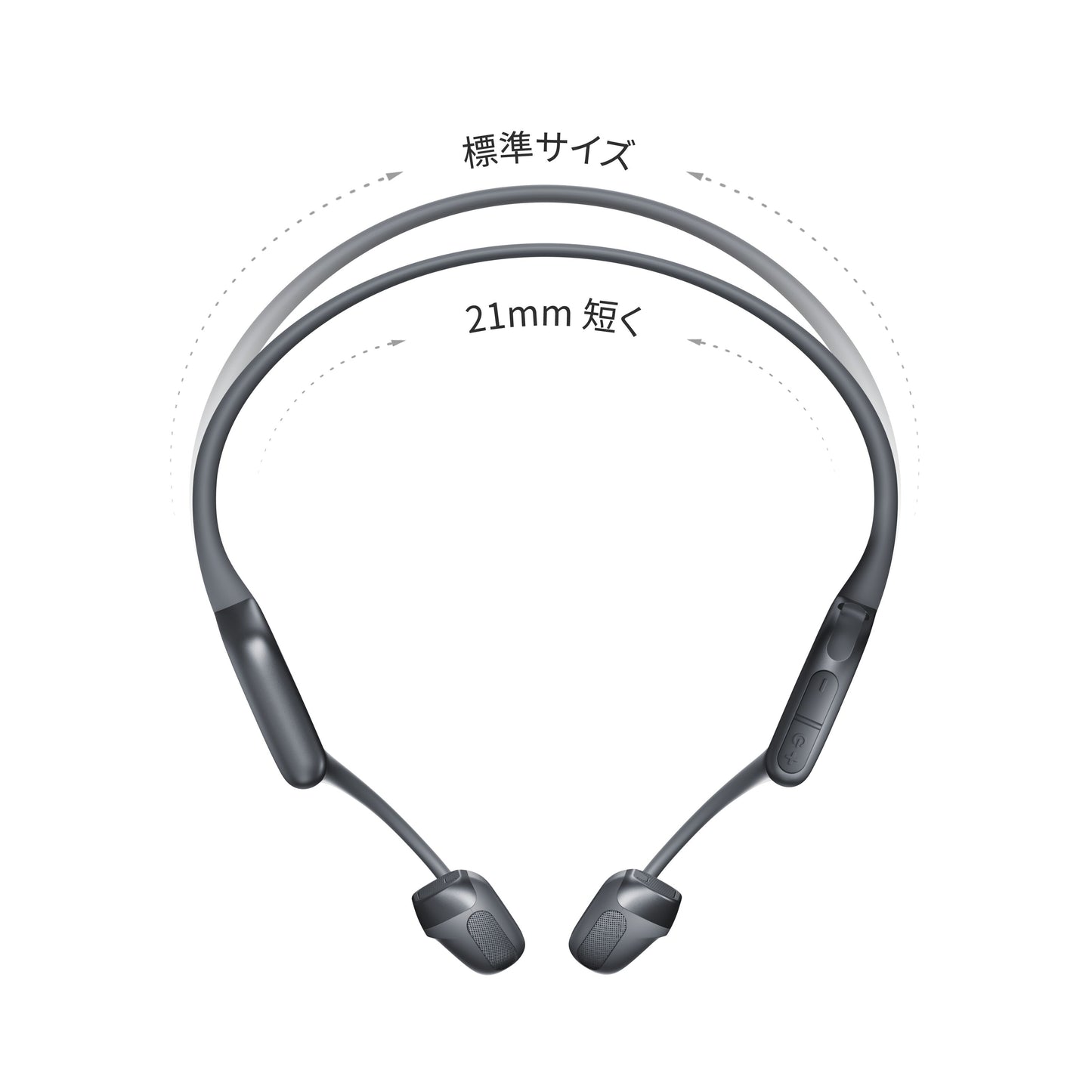 Shokz OpenRun Pro 2 Mini trådløse hovedtelefoner sort nakkebånd design japansk tekst viser størrelse og justerbart bånd.