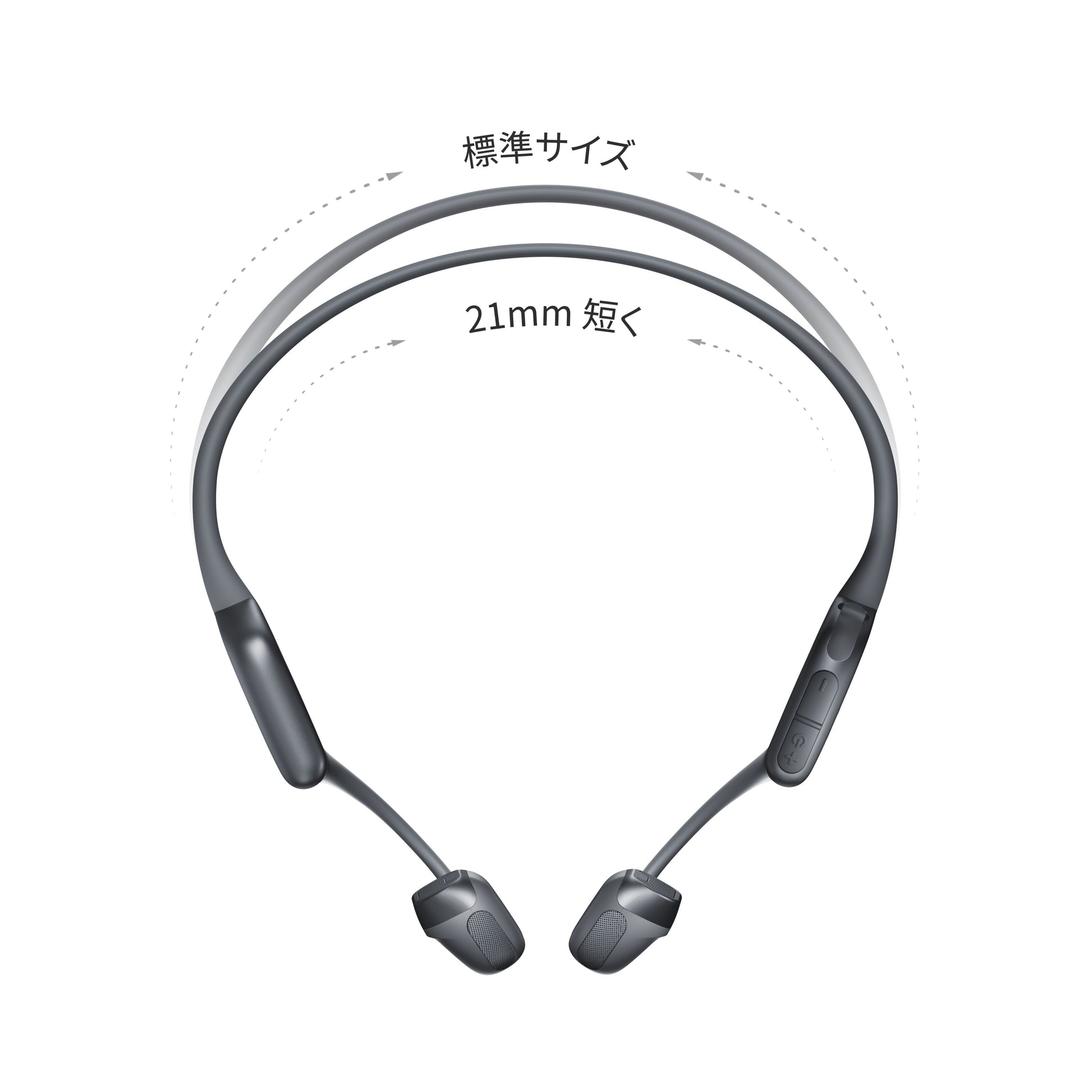 Shokz OpenRun Pro 2 Mini trådløse hovedtelefoner sort nakkebånd design japansk tekst viser størrelse og justerbart bånd.