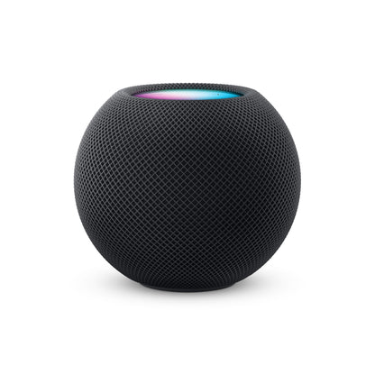 Apple HomePod mini smart højttaler, Midnat sort, kugleformet med mesh-overflade og LED-lys på flad top.